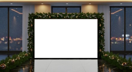 A large blank white screen framed by festive green garlands and golden lights in a modern room with city night views.