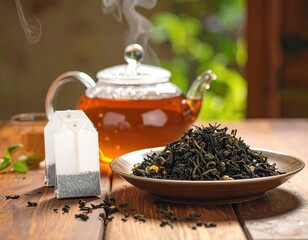 Tea setup pot, leaves, bags on wood, sunny