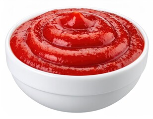 Ketchup in bowl. Red, swirling condiment on white background