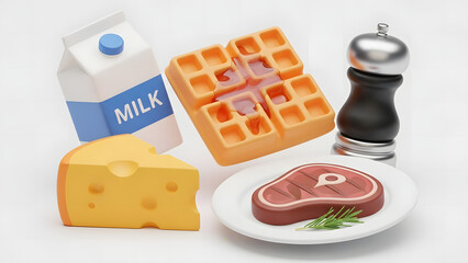 Breakfast Still Life Milk Cheese Waffles Steak and Pepper Grinder.