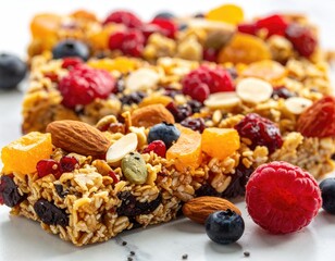 Berry, fruit, nut, grain square snack on marble