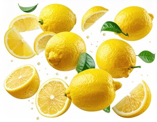 Floating lemons, slices, and leaves on white