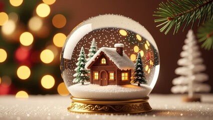 Snow globe with house and snowcovered trees