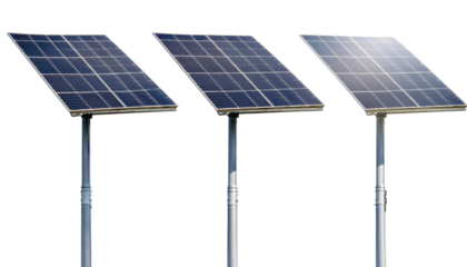 Row of Three Solar Panels on Poles Isolated on White Background