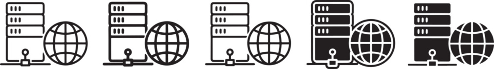 Global server network infrastructure icon set depicting diverse styles for web hosting, cloud computing, and data center services Vector