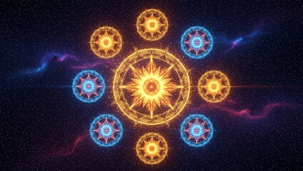 Glowing circular symbols in cosmic space with nebulae