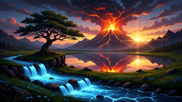 Volcanic eruption at sunset with reflective lake and waterfall