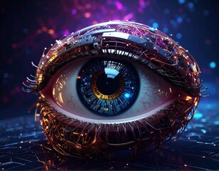 Cybernetic eye with intricate metal detailing, glowing iris, and vibrant, colorful background