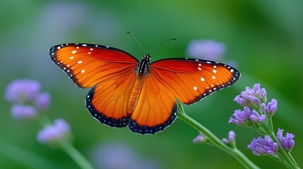 Fototapeta premium A vibrant orange butterfly with white spots rests on a stem of delicate purple lavender flowers, set against a soft, blurred green background.