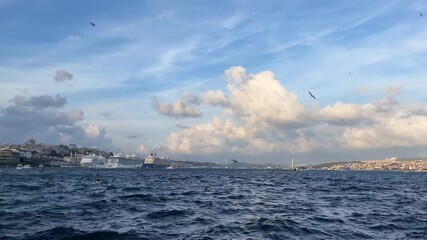 Marmara Sea, Bosphorus and July 15 Martyrs Bridge view from Eminonu Port in Istanbul, Turkey. (4K Video)