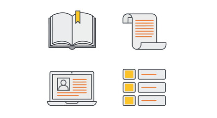 Vector illustration of icon set of book, document, laptop, and checklist isolated on