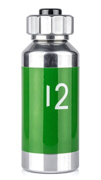 Cylindrical metal canister with a green label marked "I2" on a white backdrop