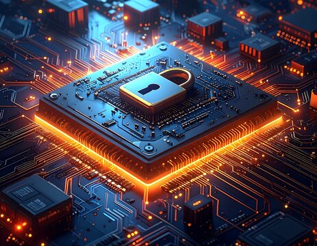 Cyber security padlock sits atop a modern circuit board with glowing orange lights - Powered by Adobe