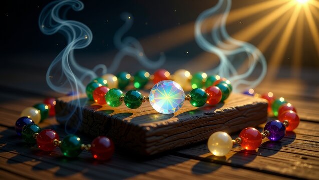 Colorful gemstone beads on book with smoke and sun rays