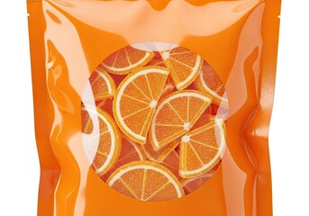 Orange glossy pouch showing orange-flavor candy slices inside circular display area