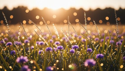 Dewy purple flowers at sunrise