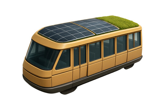 Eco-Friendly Shuttle Bus. Green Energy Transit. Urban Future Mobility. An isolated modern vehicle with solar panels and a living roof as a PNG clip art on a transparent background