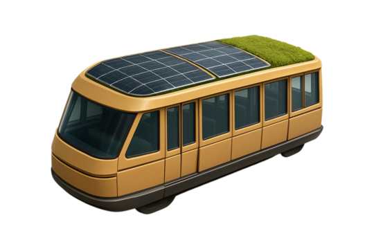 Eco-Friendly Shuttle Bus. Green Energy Transit. Urban Future Mobility. An isolated modern vehicle with solar panels and a living roof as a PNG clip art on a transparent background - Powered by Adobe