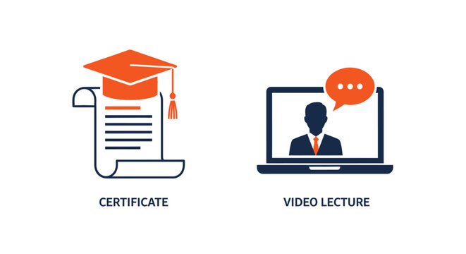 Vector illustration of online education concept with certificate and video lecture isolated on