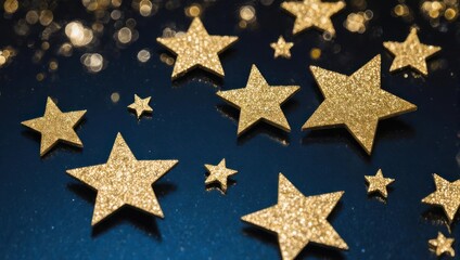 Sparkling golden stars scattered across a dark blue surface, with blurred lights in the background