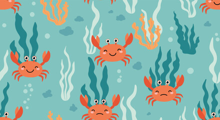 Adorable smiling crab pattern for children's products and summertime designs, fun and whimsical undersea life theme, perfect for kids' apparel and decor