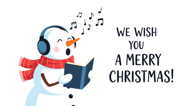 Adorable snowman wearing headphones and scarf singing carols from a book wishing you a merry Christmas perfect for holiday greetings and festive designs
