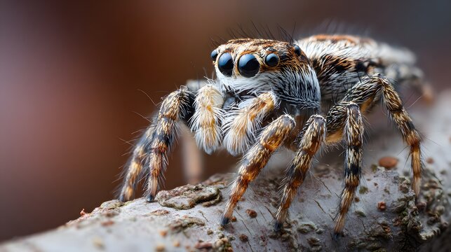 Close-up of a tiny jumping spider with large eyes on a textured branch.