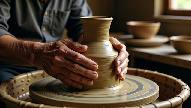 Hands shaping clay on pottery wheel