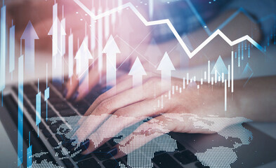 Hands typing on a keyboard with upward arrows, stock charts, and world map overlay on a light background, representing concept of business growth