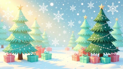 Snowy Christmas trees with presents and snowflakes