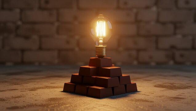 Chocolate pyramid with glowing light bulb on brick background - Powered by Adobe