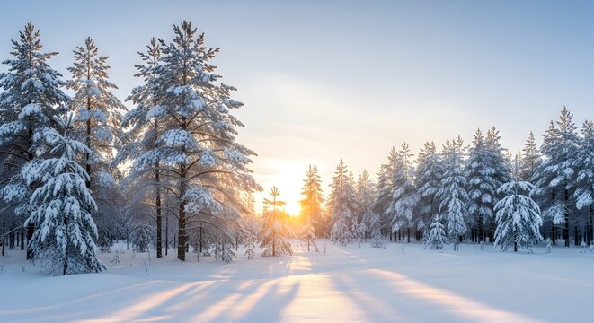 Winter road through snowy forest at sunrise with sun rays and long shadows, scenic winter landscape with snow covered trees, holiday travel background