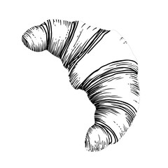 Detailed White Croissant Pastry Isolated on Transparent Background with Black Outline Engraving Style