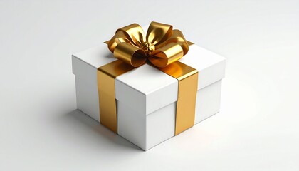 Obraz premium Elegant White Gift Box with Golden Ribbon and Bow on a Light Surface