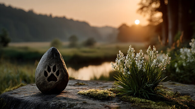 Serene sunrise over landscape with paw print stone and wildflowers, evoking peace and remembrance for pet memorials or nature-themed promotions