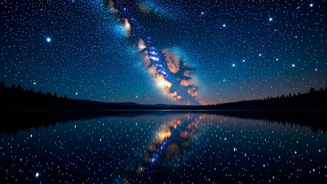 Milky Way reflected in calm lake under starry night