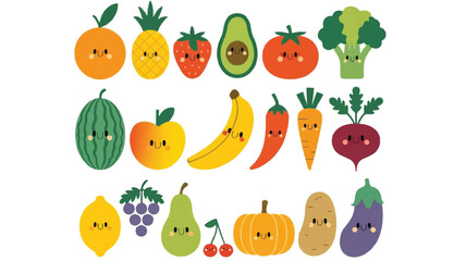 Fototapeta premium Charming cartoon illustration of happy anthropomorphic fruits and vegetables arranged in organized rows on a clean white background