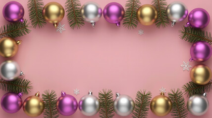 Illustration of christmas ornament border frame with pine branch on pink background