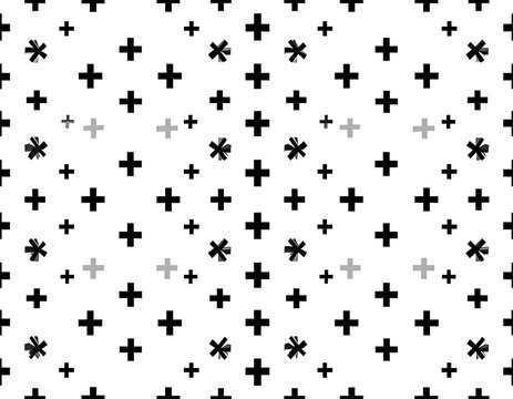 A pattern of cross symbols with some appearing as a brush stroke effect, scattered on a white background