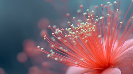 Close-up of a vibrant pink flower with delicate stamens and pollen, soft focus background.