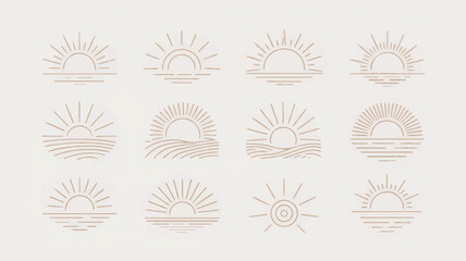 Twelve minimalist sun and sunrise illustrations in a beige palette arranged in a grid for background use
