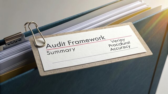 Detailed audit framework document with summary section highlighting verification and procedural accuracy for financial assessments