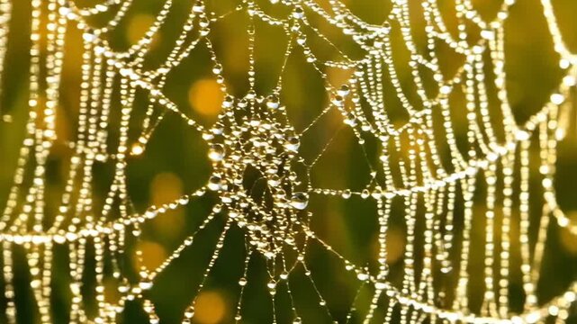Spiderweb covered in dewdrops glistening in sunlight