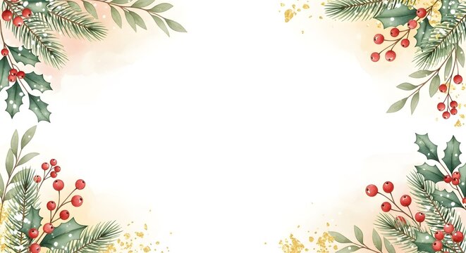 Watercolor Christmas frame with pine branches, red berries and golden leaves on white background for holiday greeting card - Powered by Adobe
