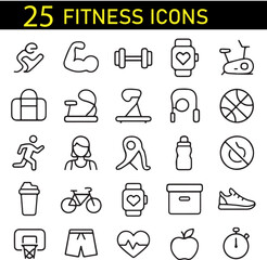 Fitness Icons Collection, Workout and Exercise Outline Symbols, Gym Training Vector Set, Health and Active Lifestyle Minimal Icons Pack