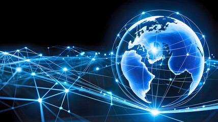 Global Digital Network Connectivity and Information Flow, Illustrating Worldwide Communication, Data Exchange, and Advanced Technology on a Dark Background