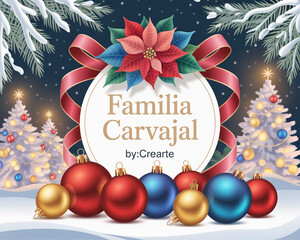 Illustration of christmas card design with poinsettia, ribbon, ornament, and tree