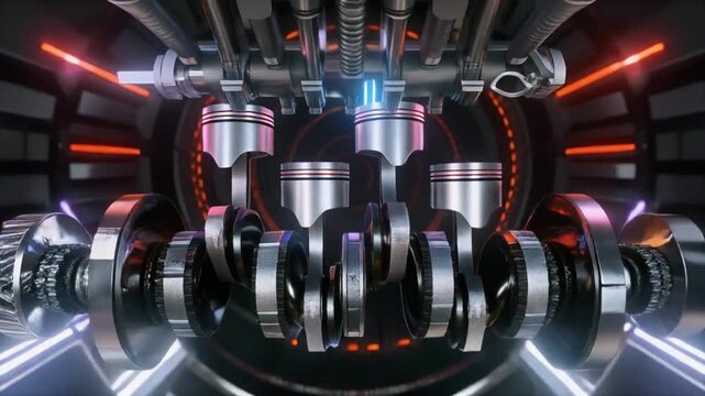 Exploded-view animation of a 4-cylinder piston system assembling itself, camera performing a full 360-degree orbit, detailed mechanical textures, epic cinematic atmosphere
