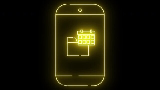 A glowing yellow outline shows a smartphone with a calendar and folder icon on a black backdrop