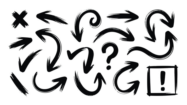 A versatile collection of hand drawn black arrows and diverse symbols presented on a clean white background for easy integration into various design projects
